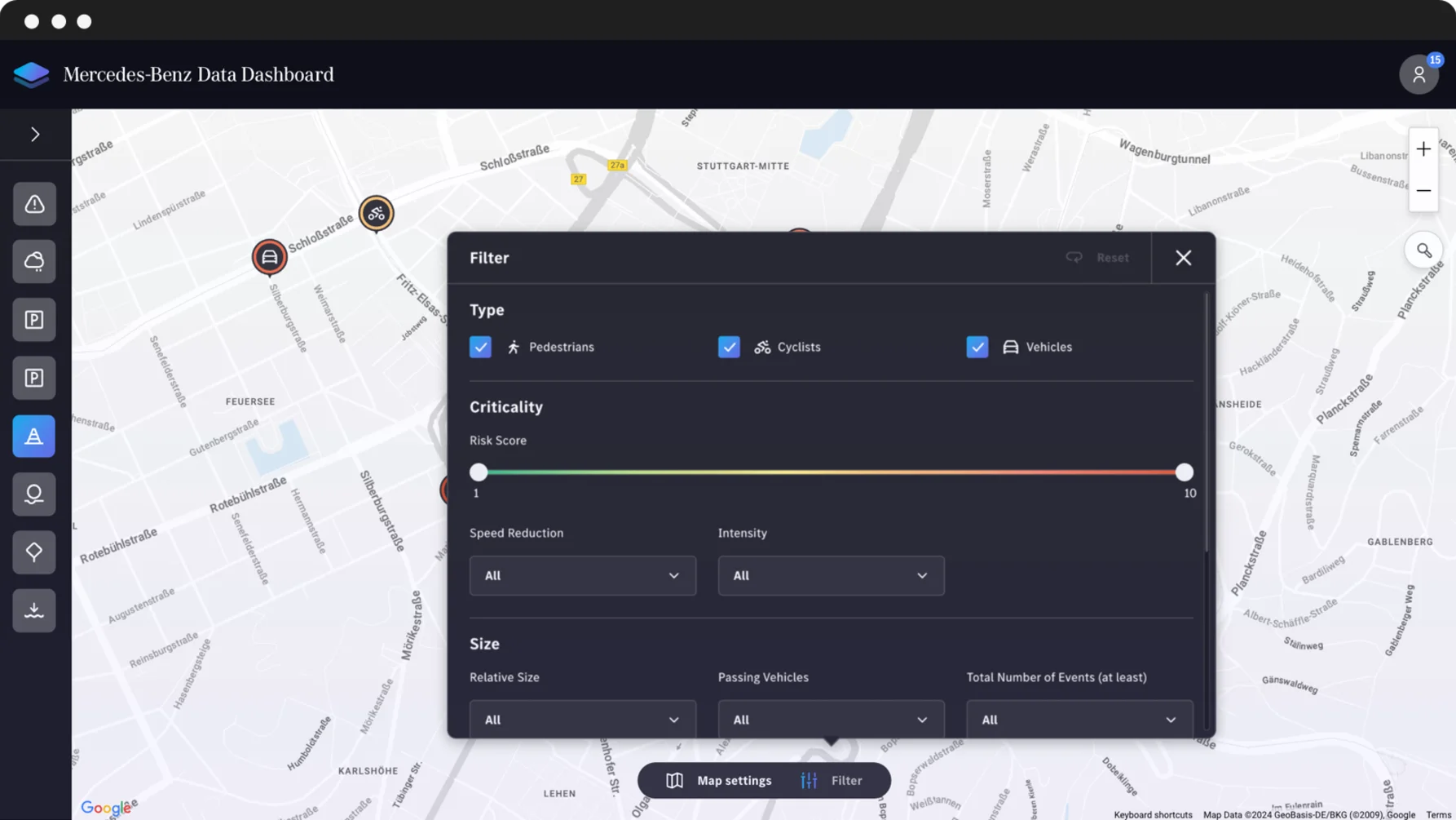 Filter e.g. by species risk score, intensity and much more.